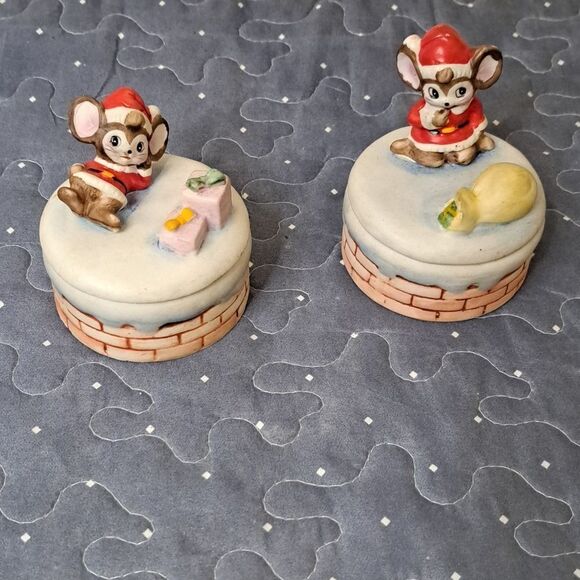 Vintage Homco Christmas Santa Mouse Covered Trinket Dishes - Picture 1 of 4